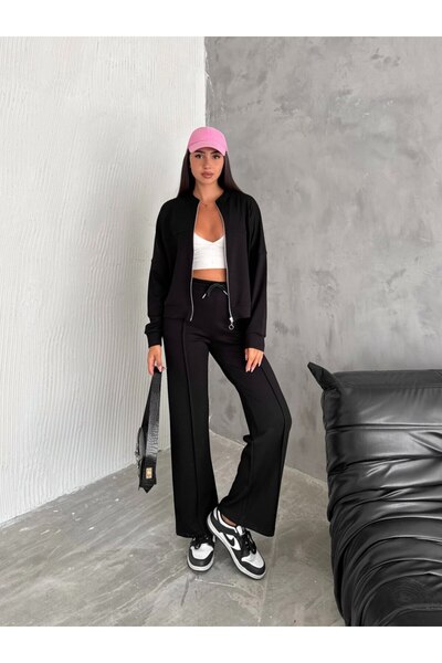 aselon طقم بدلة رياضية نسائية من قماش مودال بياقة كلية وجيوب بسحاب