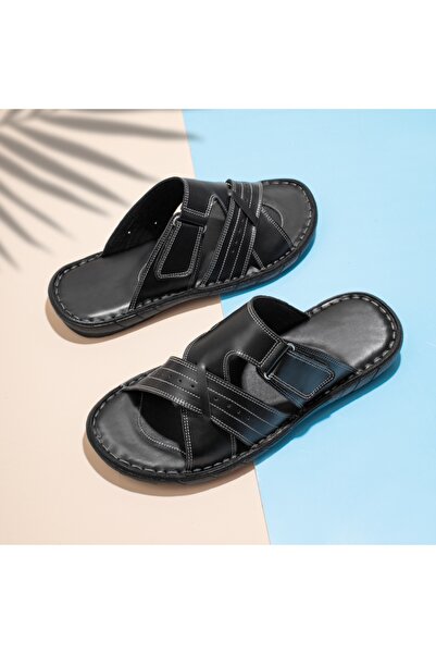 Modlet.ro Men's black casual slippers in genuine leather MOD13789