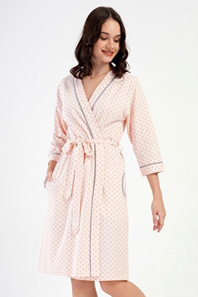 VİENETTA Women's Plus Size Pink Dressing Gown – Polka Dot, Belted, Pockets, Capri Sleeve, Knee Length C2T5N4804