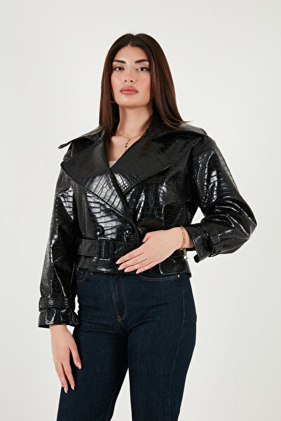 Lela Crocodile Oversized Fit Double-Breasted Collar Belt Detailed Leather Jacket Leather Jacket 6839632