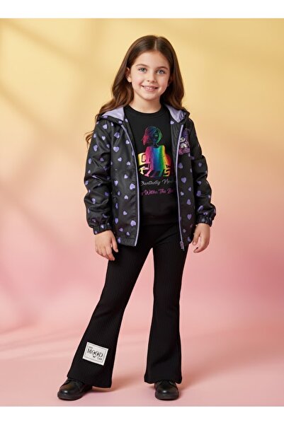 KUMRUNUN DÜNYASI Girls' Kuromi Transitional Hooded Lined Raincoat Windbreaker Coat Jacket Waterproof