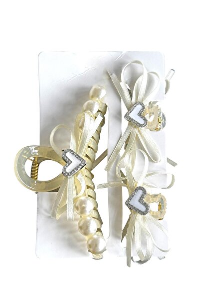 TAKIŞTIR White Color Heart Shaped Pearl Detailed 3-Piece Latch Buckle Set