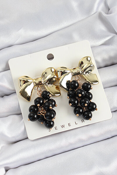 Skygo Brass Dangle Black Beaded Bow Vintage Model Gold Color Women's Earrings - Tj-Bkp10775
