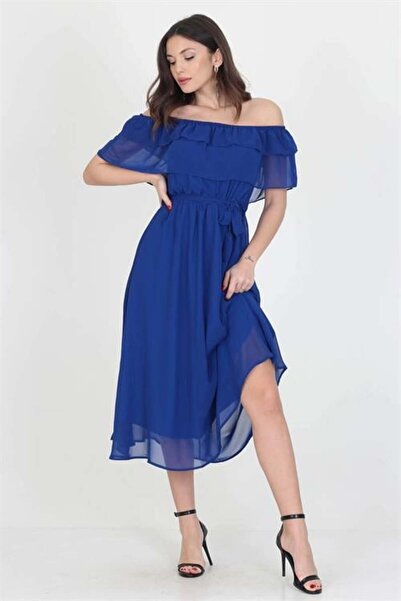 Dipmoda فستان شيفون نسائي أزرق بلون الكوبالت بتفاصيل ربط على شكل ياقة مادونا ...