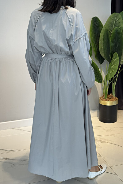 Ceremony Paper Touch Dress with Folded Sleeves, Drawstring Detail, Elastic Waist 5747 Gray