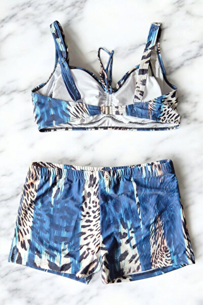 embody Costum de baie din două piese pentru femei, mărime mare, pantaloni scurți, imprimeu animal albastru f2502