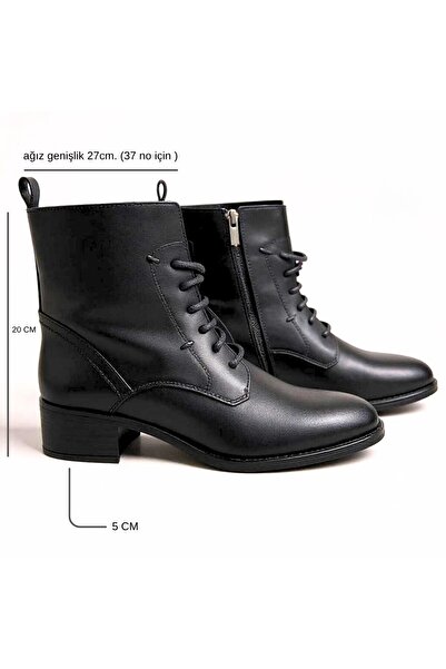 NE&VE SHOES Siyah Deri Bağcıklı İçten Fermuarlı Kadın Topuklu Bot