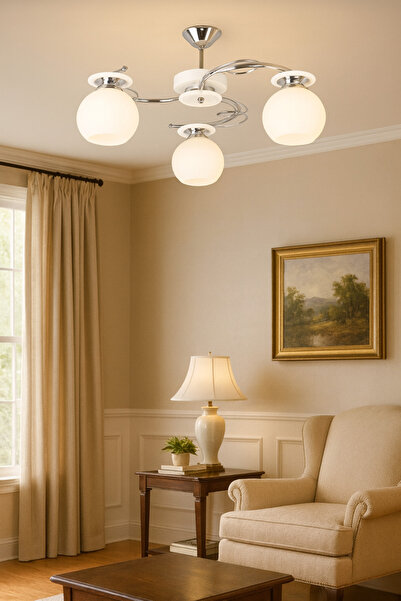 KUZENLER Modern 3’lü Metal Beyaz Cam Avize – Şık ve Zarif Tasarım