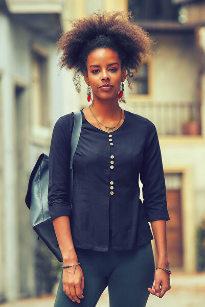 Los banditos Χειμερινή μπλούζα με λαιμόκοψη με μισό μανίκι και λεπτομέρεια με κουμπιά