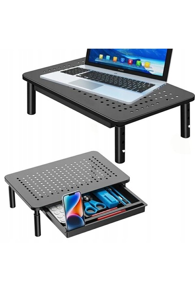 zola Laptop table, 37 x 23.5 x 10.5 cm, perforated top, adjustable height, drawer, black