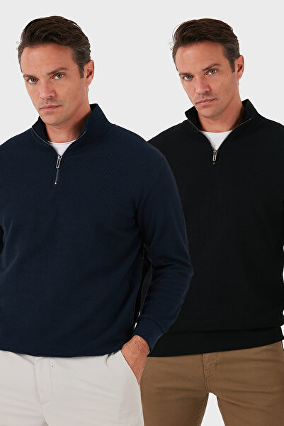 Buratti Pamuklu Regular Fit Yarım Fermuarlı Dik Yaka 2'li Paket Sweat Erkek S...
