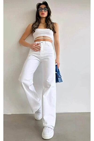 mooishan Women's White Stretch Fabric Palazzo,Loose Jeans,High Waist Wide Leg...