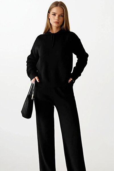VAGGON Women's Black Hooded Sweatshirt and Palazzo Pants Knitwear Set Vs01401