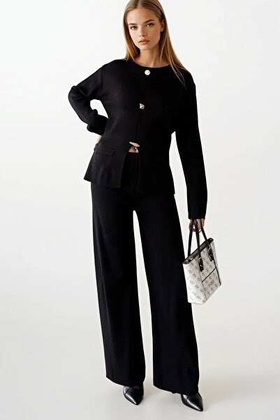 VAGGON Women's Black Button Detailed Long Sleeve Fit Blouse and High Waist Pants Knitwear Set Vs01400