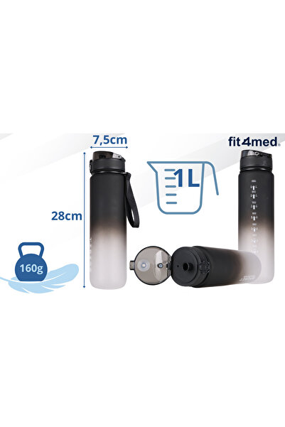 shumee Sports water bottle 1l with measuring cup for fitness gym, leak-proof