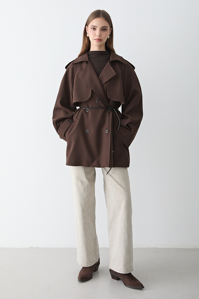 JASTE Women's Brown Double-Breasted Collar Lined Belt Detailed Trench Coat