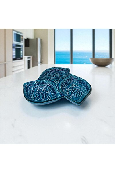 NidaSanatEvi وعاء للوجبات الخفيفة من الفخار التركي بثلاثة أقسام مع نقوش