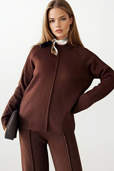 VAGGON Women's Bitter Brown Shawl Detailed piped Blouse and Palazzo Pants Knitwear Set Vs01404