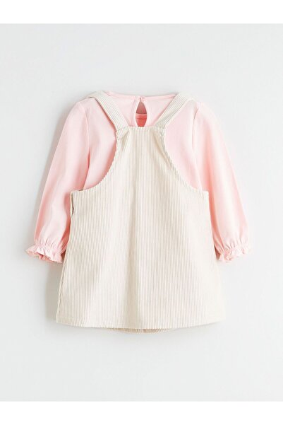 LC Waikiki Velvet Baby Girl Salopet Dress and T-Shirt with Bow Detail