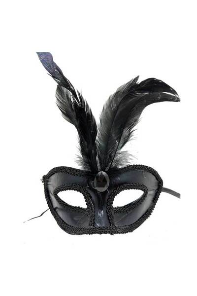 Skygo Black Color Patent Leather Covered Red Feather Party Mask 18x20 cm