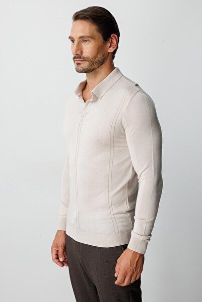 İgs Bej Standart Fit Polo Yaka Düz Uzun Kollu Triko