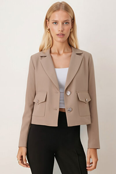 armonika Women's Mink Men's Collar Square Pocket Lined Crop Jacket Arm-26K001026