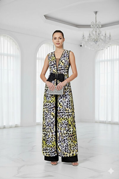 Robes Leopar Desenli Uzun Yelek | Siyah Kuşak Detaylı | Astarlı Kolsuz Ceket ...