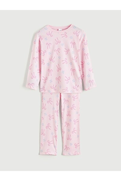 LC Waikiki Set de pijamale pentru fete cu imprimeu cu fundă cu gât rotund