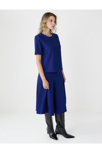 Jimmy Key Saks Düz Kesim Normal Bel Dokuma Midi Etek