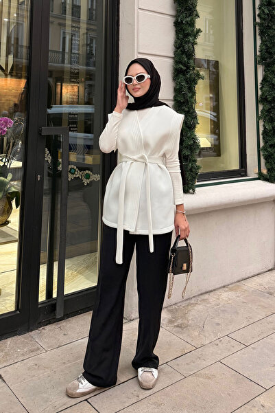 LOCCO Kadın Bel Bağlamalı Kimono Beyaz