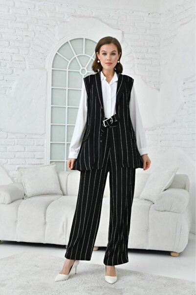 ZAVERA WOMAN Women's Crepe Fabric Striped 3-Piece Set - Women's Clothing - Stylish Set Vest - Shirt - Pants