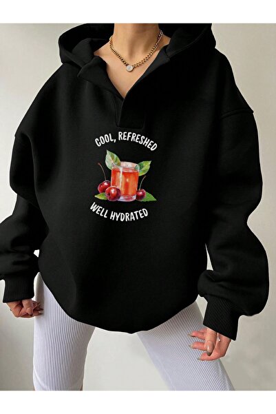 Deocept Φούτερ Unisex Μαύρο με λαιμόκοψη σε σχήμα V με κουκούλα Cool Coctail με τύπωμα oversized