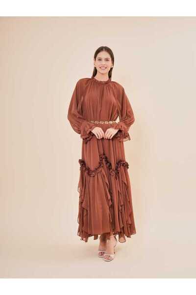 SERPİL Volan ve Çiçek Detaylı Şifon Uzun Elbise 50411