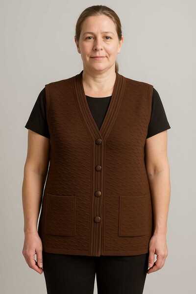 restinatriko Kadın Düğmeli Triko Anne Yeleği Büyük Beden Cepli Rahat Kesim