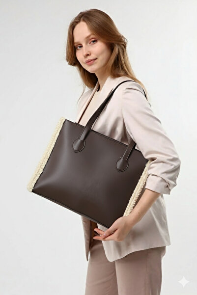 Luvenis Geantă mare cu umăr și mână, cu detalii din lână maro