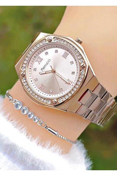 Ferrucci Rose Gold Color Dial Zircon Stone Steel Band Women's Wristwatch with Bracelet Gift