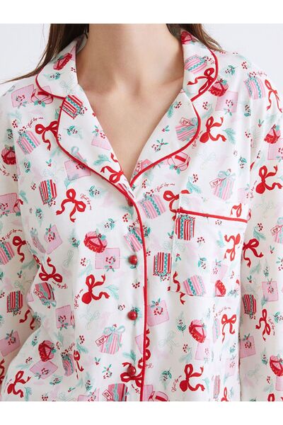 LC Waikiki Gömlek Yaka Yılbaşı Temalı Kadın Pijama Takımı