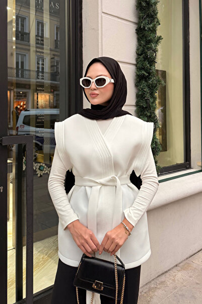 LOCCO Kadın Bel Bağlamalı Kimono Beyaz