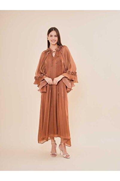 SERPİL Şifon Görünümlü Volan Kol Saten Uzun Elbise 50419