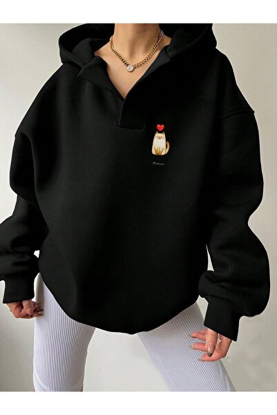 Deocept Φούτερ Unisex Μαύρο με λαιμόκοψη σε σχήμα V με κουκούλα Cat με τύπωμα oversized