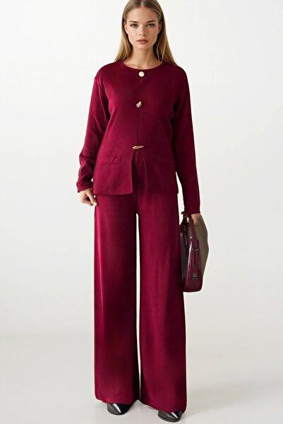 VAGGON Women's Burgundy Button Detailed Long Sleeve Fit Blouse and High Waist Pants Knitwear Set Vs01400