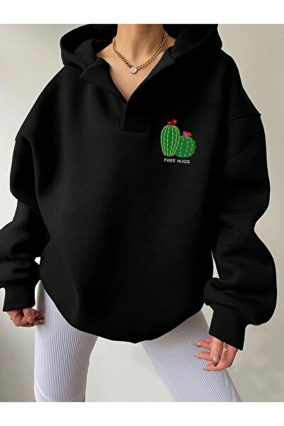Deocept Φούτερ Unisex Μαύρο με λαιμόκοψη σε σχήμα V με κουκούλα Cactus με τύπωμα oversized
