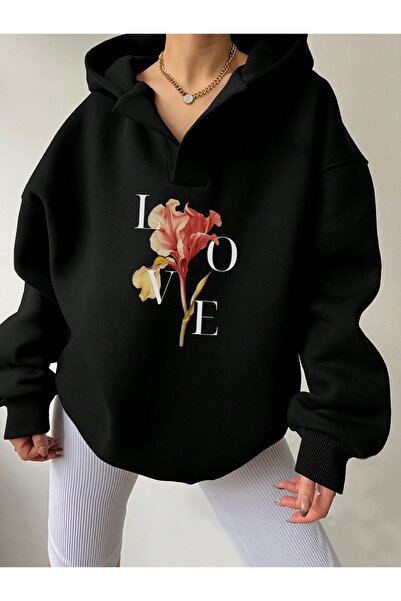 Deocept Φούτερ Unisex Μαύρο με λαιμόκοψη σε σχήμα V με κουκούλα Love με τύπωμα oversized