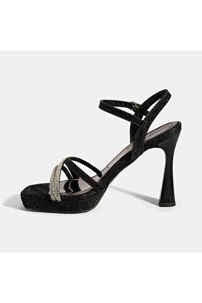 Desa Women's Black Adjustable Buckle Stone Heeled Evening Dress Sandals