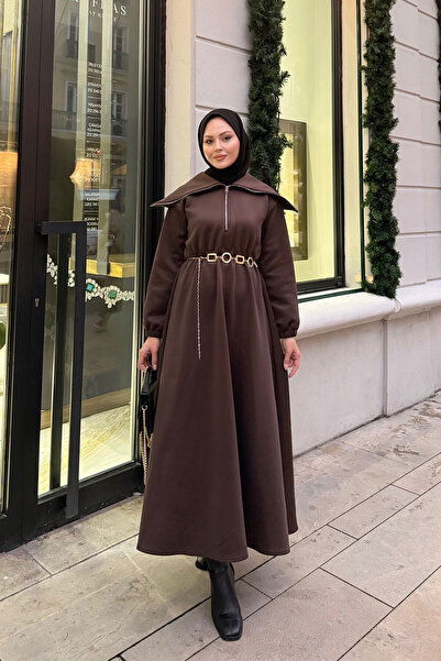 LOCCO Kadın Önü Fermuarlı Elbise Kahverengi