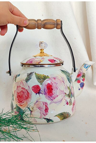 EBRULİEMAYE Rose Lux Enamel Teapot Kettle 2.5 Liter with Crystal Top