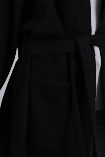 armonika Kadın Siyah Beli Kuşaklı Cepli Kapüşonlu Oversize Kaşe Kaban ARM-26K001025