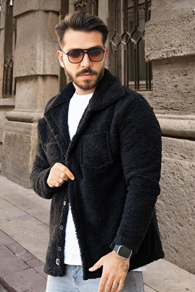 BİRBEYSTORE Plush Cardigan Unisex Model with Pockets Comfortable Fit Mock Neck Black