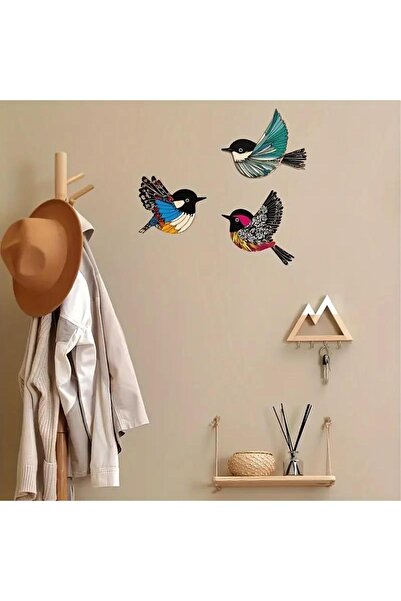 CajuArt Üçlü Ahşap Canlı Renk Kuş Serçe Duvar Dekoru Tablo Süs