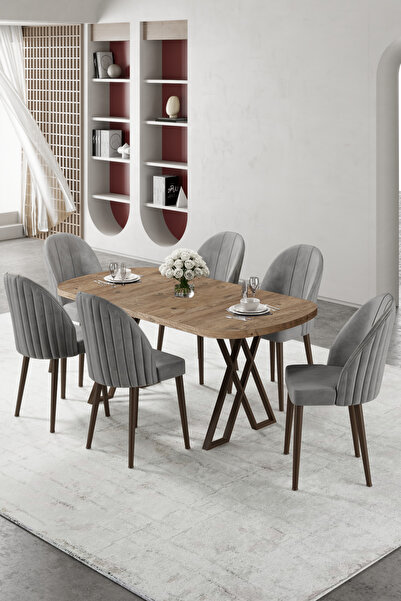 Canisa Kaye Serisi Mdf 90x168 Atlantik Çam Mutfak Masa Takımı 6 Gri Sandalye